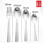 Stainless steel cutlery set with fork and three spoons labeled with precise measurements in centimeters.